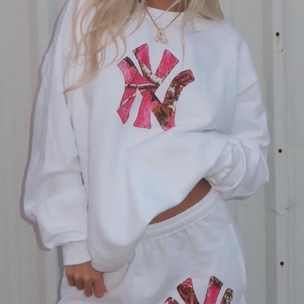 hot pink and camo yankees crewneck